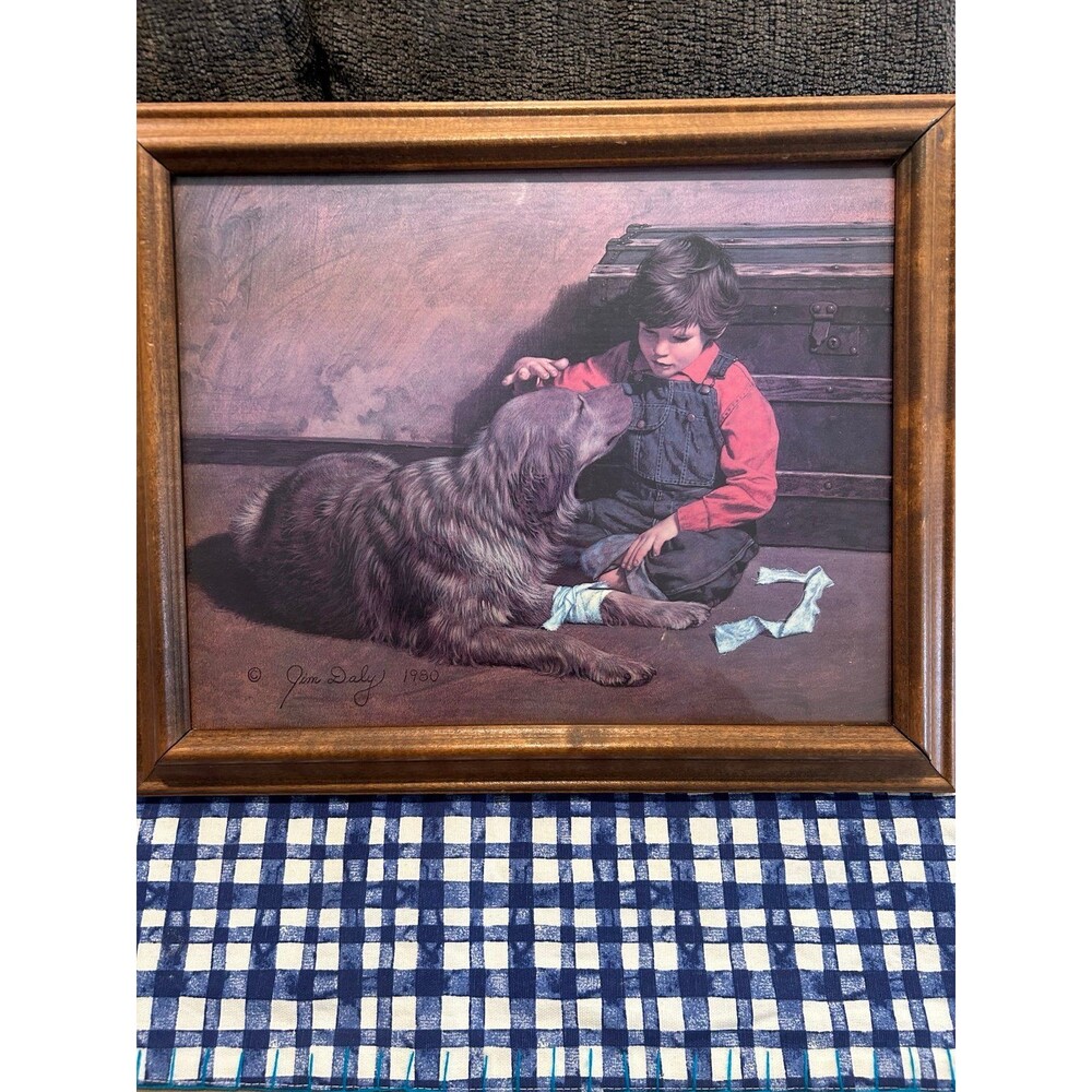 Vintage Jim Daly 1980 Picture Wood Frame Boy Dog 17” x 14”